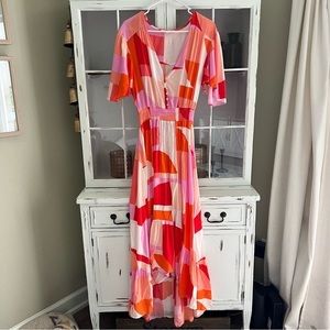 Abel the Label Geo Print Flutter Sleeve High Low Maxi Dress